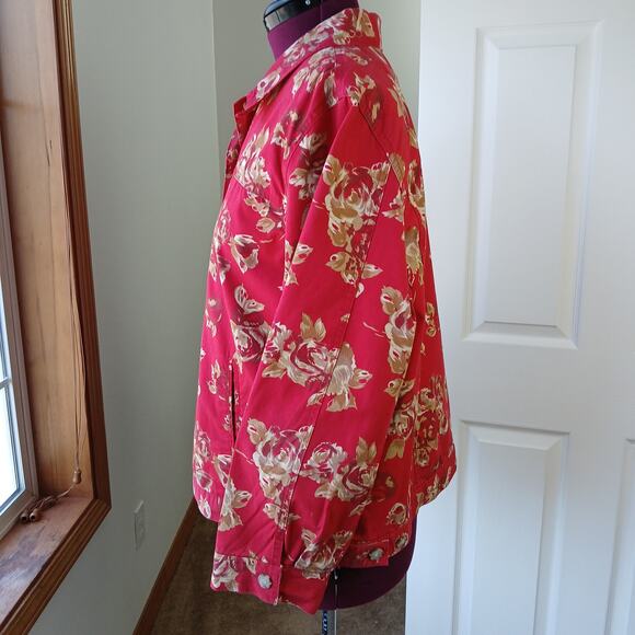 Sag Harbor Sport Light Jacket Red Gold Roses XL cotton floral chambray retro - Picture 2 of 12